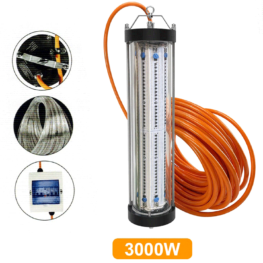 LED UNDERWATER FISHING LIGHT 3000W  220V COLOUR (2800W WHITE+ 200W RED  ) LFL-30WRA22-01 80M